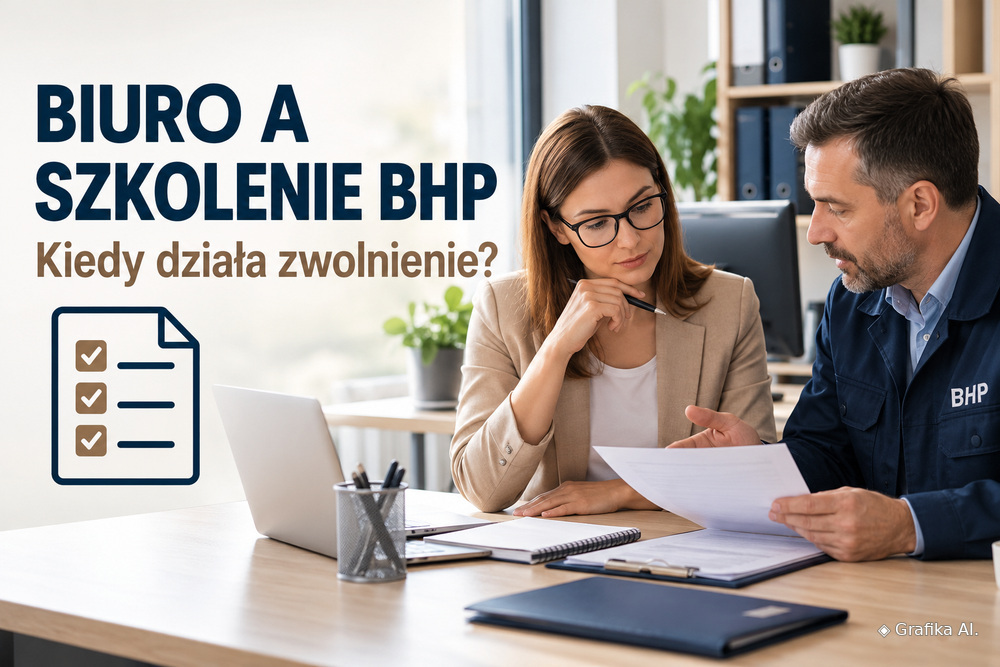 Pracownica biurowa i specjalista BHP omawiają dokumenty przy laptopie – ilustracja AI.