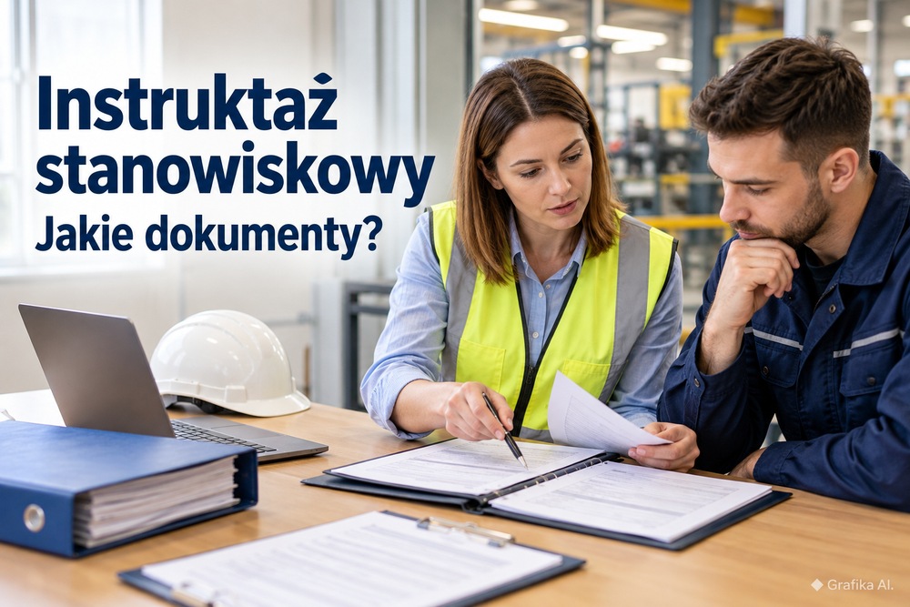 Instruktorka i pracownik sprawdzają dokumentację instruktażu stanowiskowego BHP. Grafika AI.