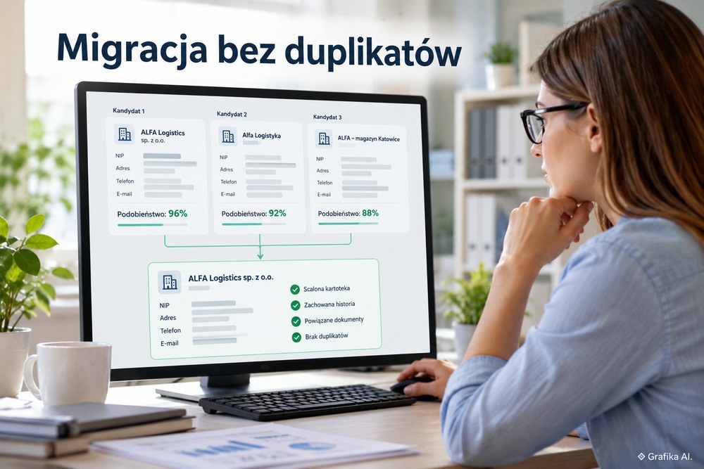 Analiza podobnych kartotek kontrahentów na monitorze – ilustracja AI