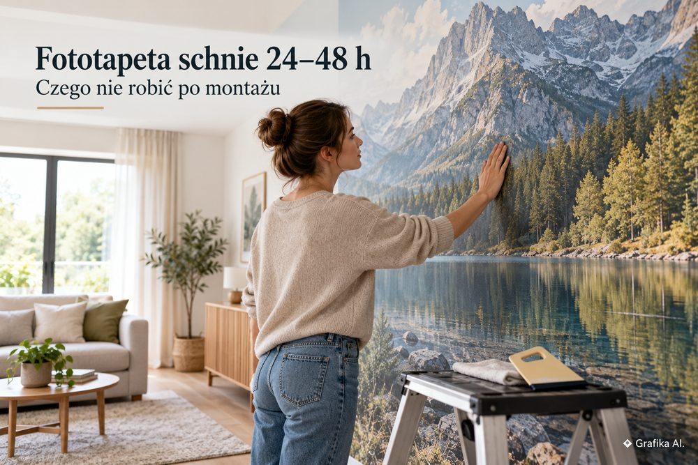 Świeżo przyklejona fototapeta w salonie podczas schnięcia
