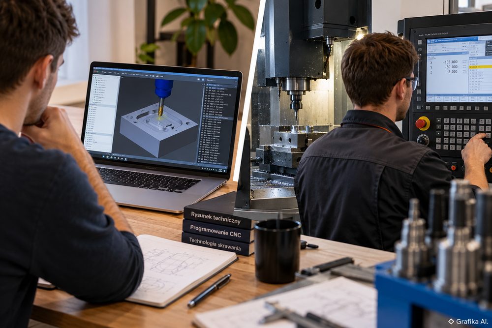 Nauka CNC na symulatorze i praktyka przy obrabiarce – grafika AI